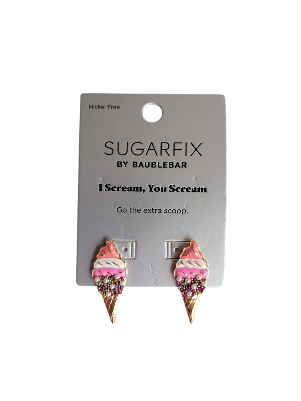 NWT Sugarfix by BaubleBar I Scream You Scream Ice Cream Cone Earrings Pink Gold